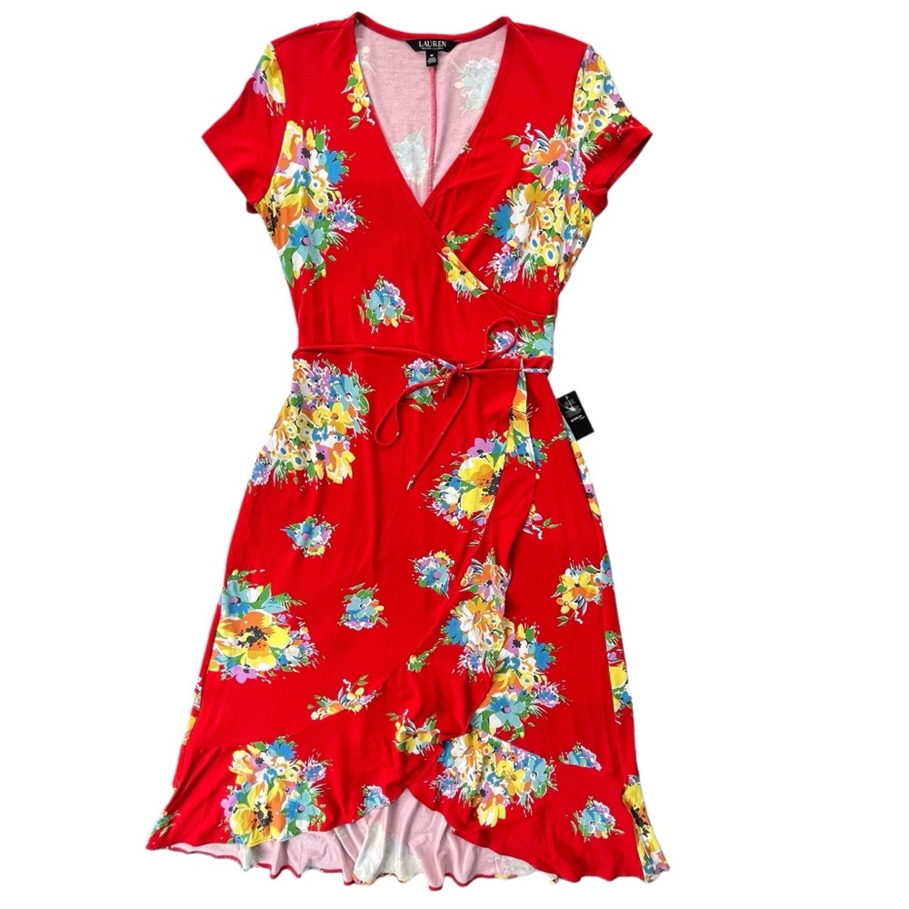 Lauren Ralph Lauren Womens M Red Vibrant Floral Faux Wrap Tie Waist Jersey Dress